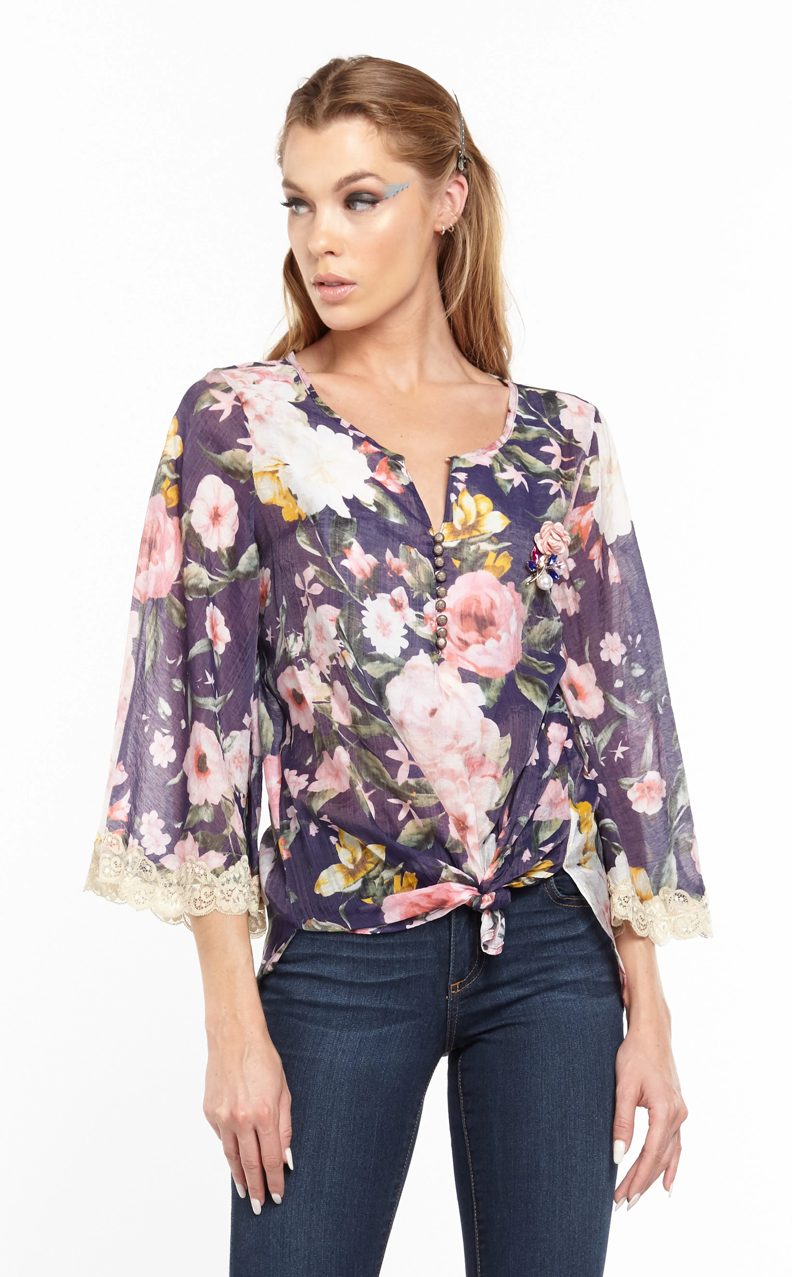 Blouse, Friar Park in Blue Floral, ED20B36A, Size Medium, SALE!