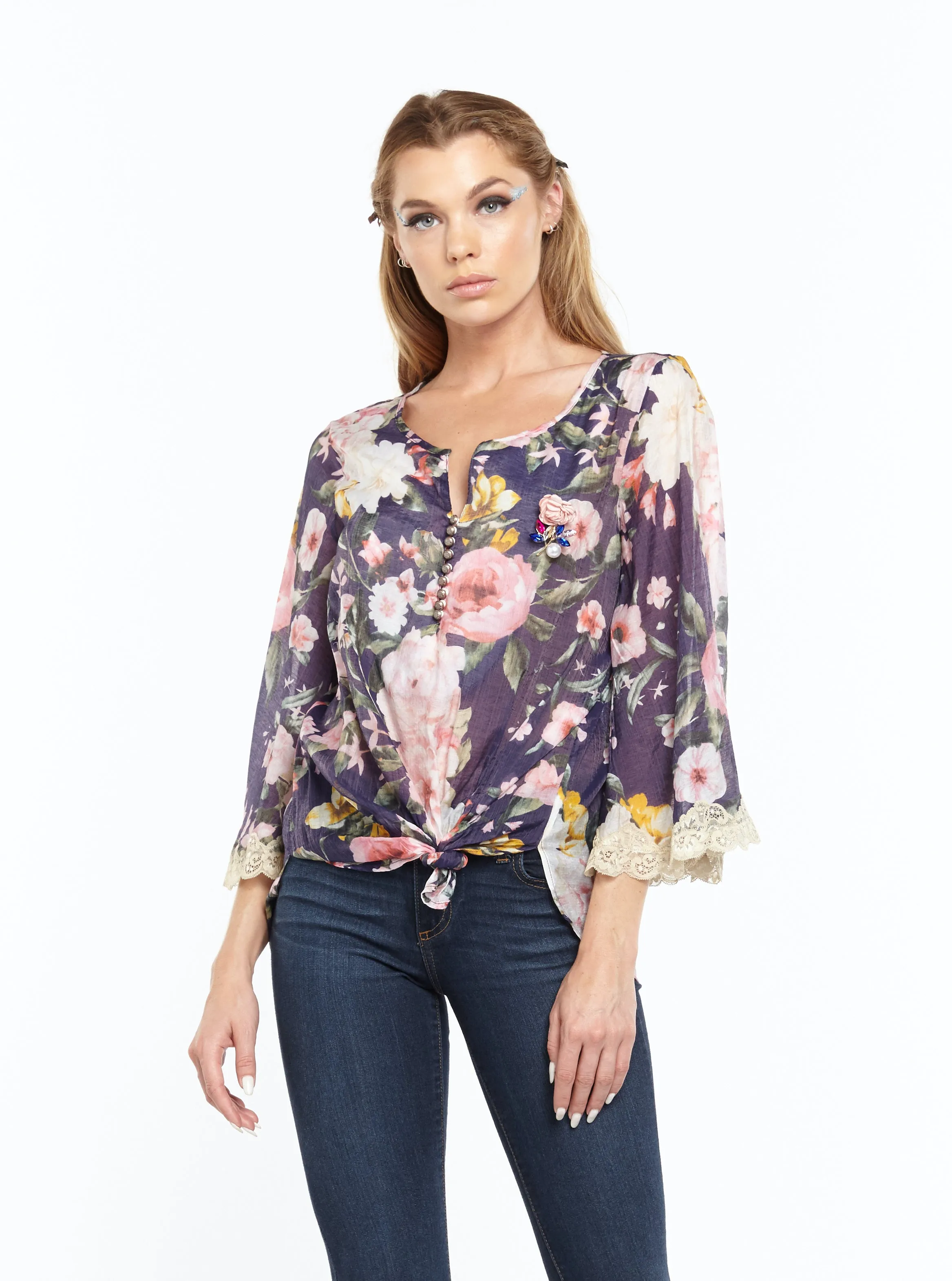 Blouse, Friar Park in Blue Floral, ED20B36A, Size Medium, SALE!