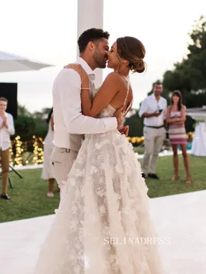 Chic A-line Spaghetti Straps 3D Floral Lace Wedding Dress Rustic Bridal Gowns JKW202