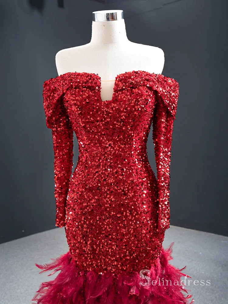 Chic Mermaid Off-the-shoulder luxury Long Prom Dress Burgundy Sparkly Evening Gowns MLH0458
