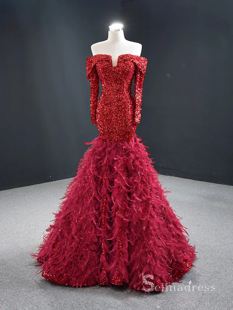 Chic Mermaid Off-the-shoulder luxury Long Prom Dress Burgundy Sparkly Evening Gowns MLH0458