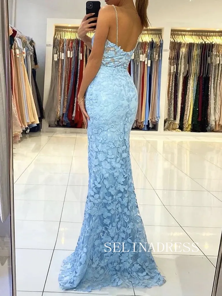 Chic Mermaid Spaghetti Straps Lace Long Prom Dresses Sky Blue Evening Dress TKH024