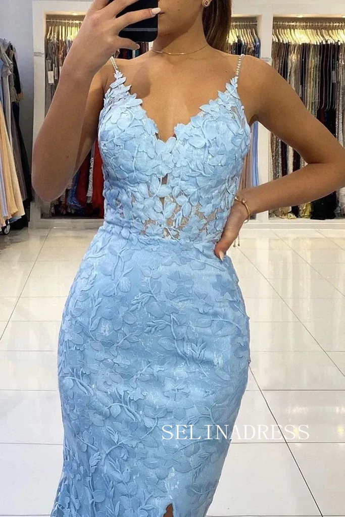 Chic Mermaid Spaghetti Straps Lace Long Prom Dresses Sky Blue Evening Dress TKH024