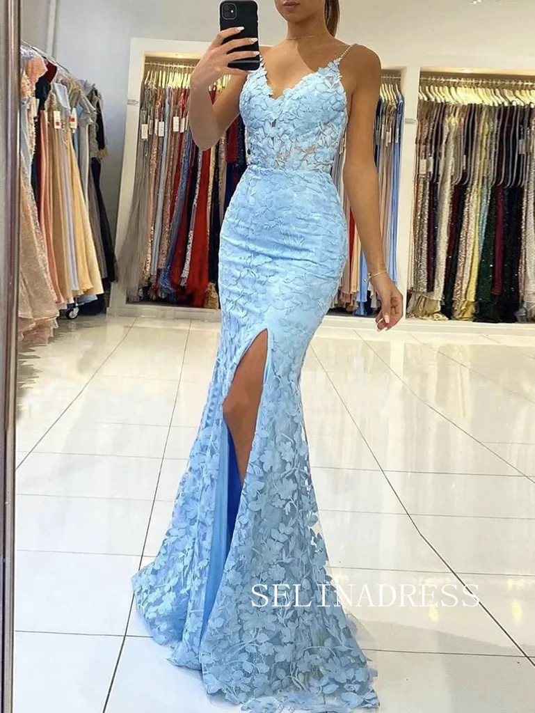 Chic Mermaid Spaghetti Straps Lace Long Prom Dresses Sky Blue Evening Dress TKH024