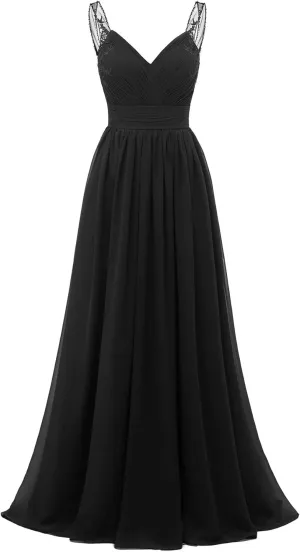 Chiffon Lace Bridesmaid Dresses Long for Women V Neck Pleated Tulle Straps A-Line Prom Evening Wedding Fomal Gowns