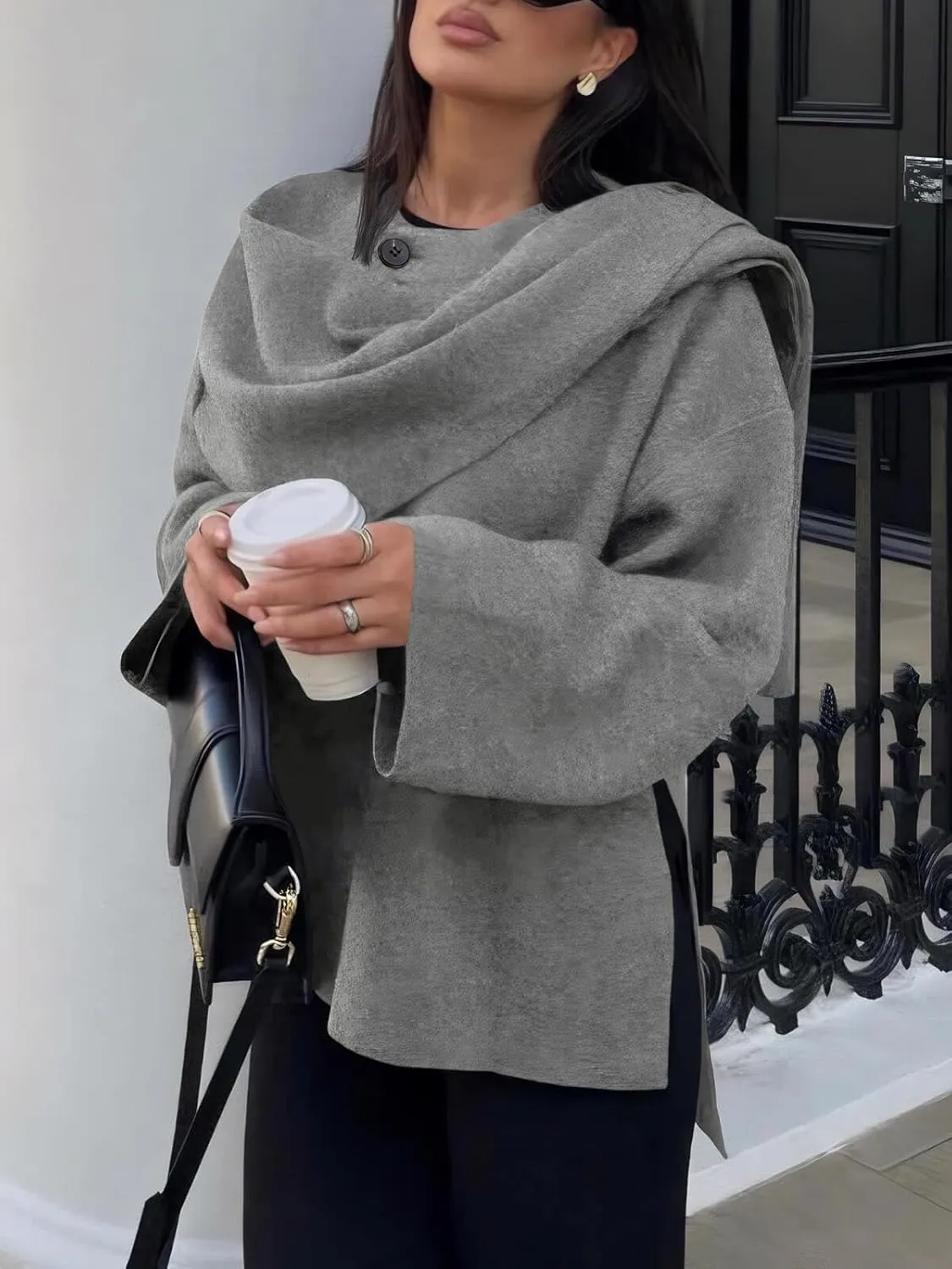 Cicy Bell Womens Oversized Pea Coats Cropped Shawl Wraps Wool Blend Jackets Work Casual Fall Winter Peacoat Scarf Coat