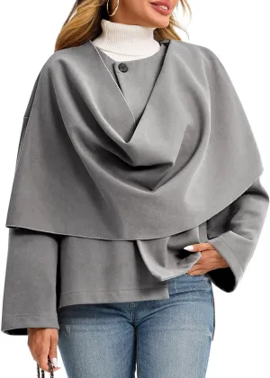 Cicy Bell Womens Oversized Pea Coats Cropped Shawl Wraps Wool Blend Jackets Work Casual Fall Winter Peacoat Scarf Coat