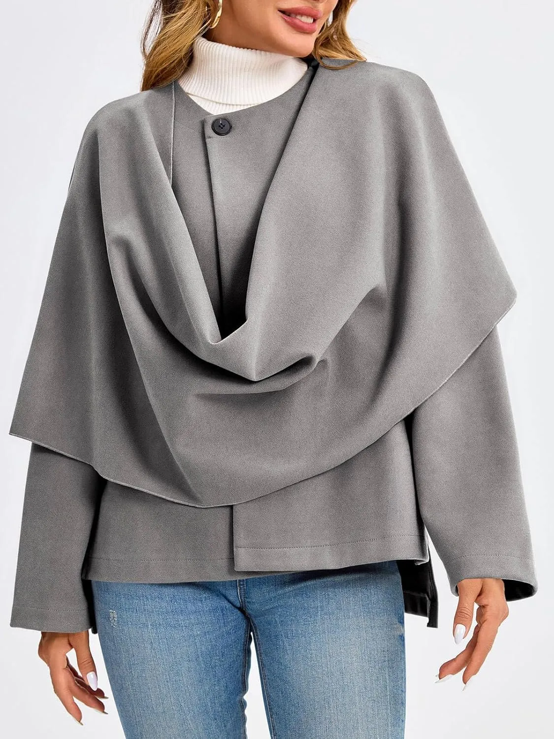 Cicy Bell Womens Oversized Pea Coats Cropped Shawl Wraps Wool Blend Jackets Work Casual Fall Winter Peacoat Scarf Coat