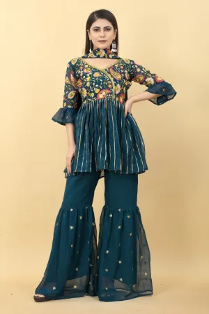 Demanding Teal Green Color Sequence Embroidery Work Palazzo Suit