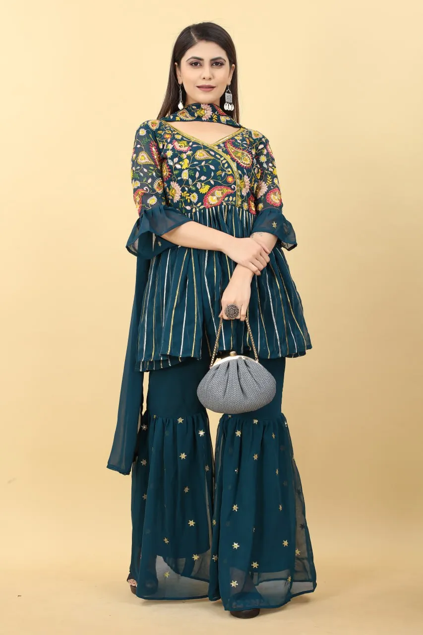 Demanding Teal Green Color Sequence Embroidery Work Palazzo Suit