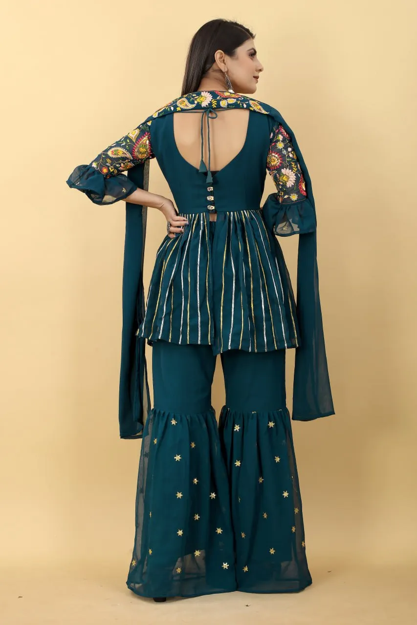 Demanding Teal Green Color Sequence Embroidery Work Palazzo Suit