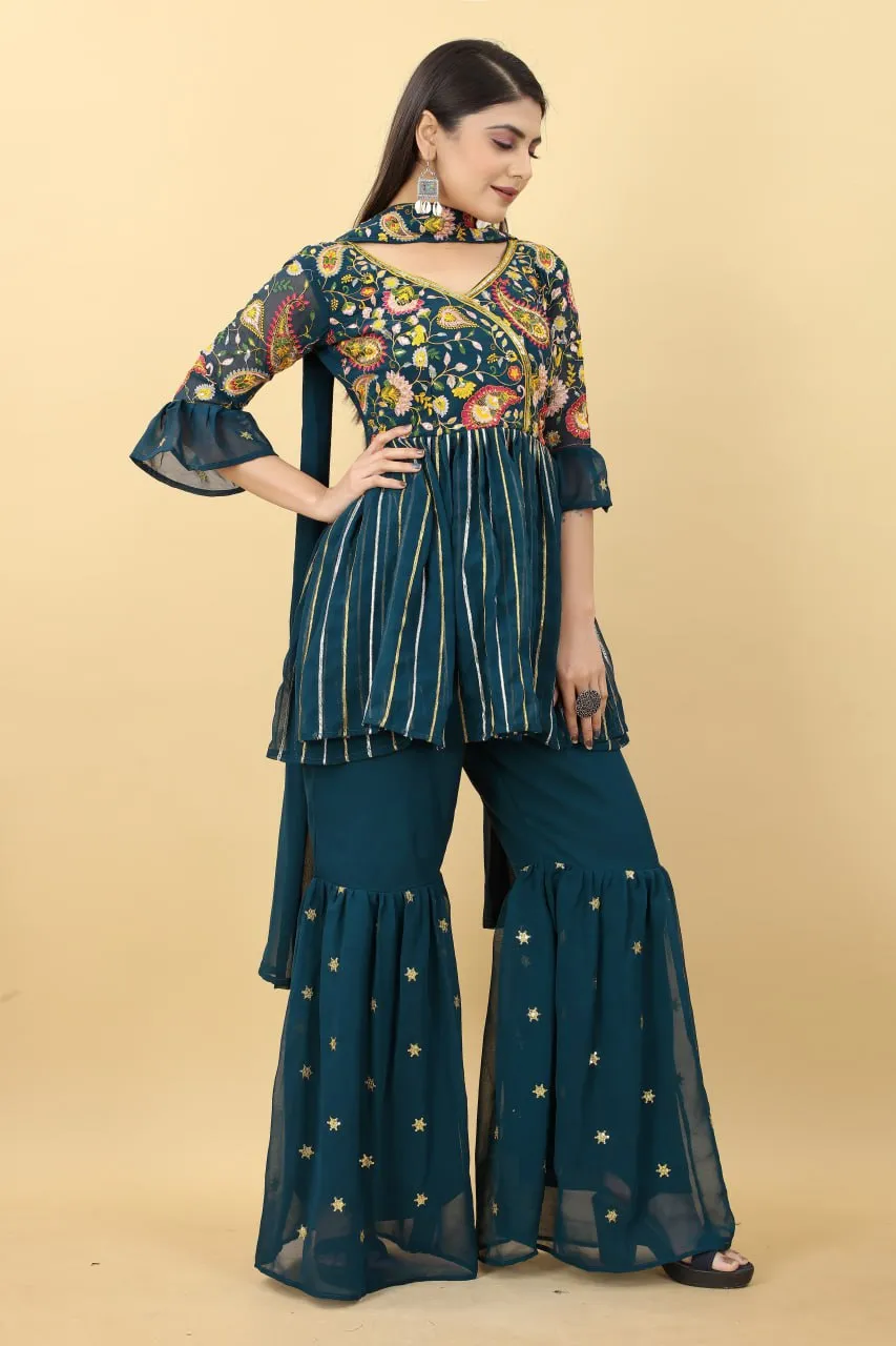Demanding Teal Green Color Sequence Embroidery Work Palazzo Suit