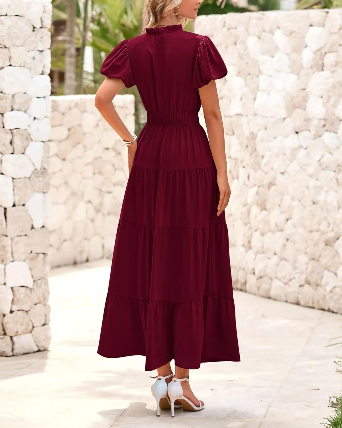 dowerme Womens Summer Dresses 2025 Casual Puff Sleeve V Neck Smocked Waist A-Line Tiered Maxi Prom Dress with Pockets