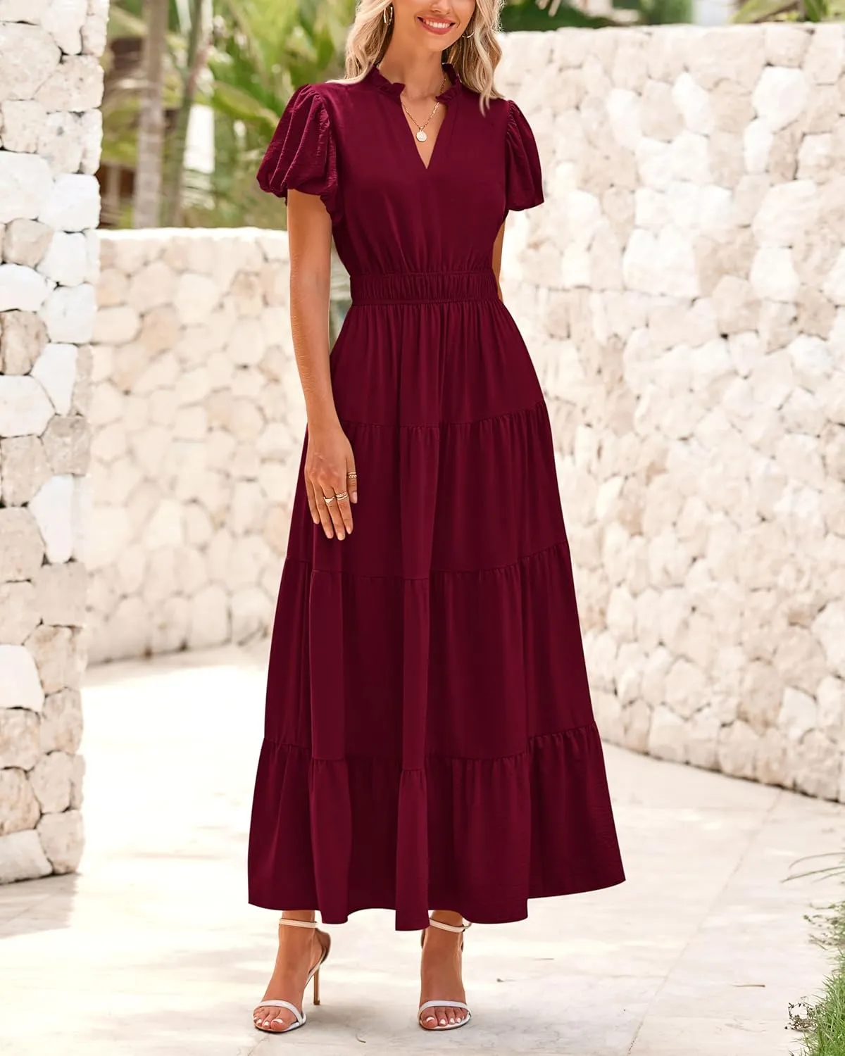 dowerme Womens Summer Dresses 2025 Casual Puff Sleeve V Neck Smocked Waist A-Line Tiered Maxi Prom Dress with Pockets
