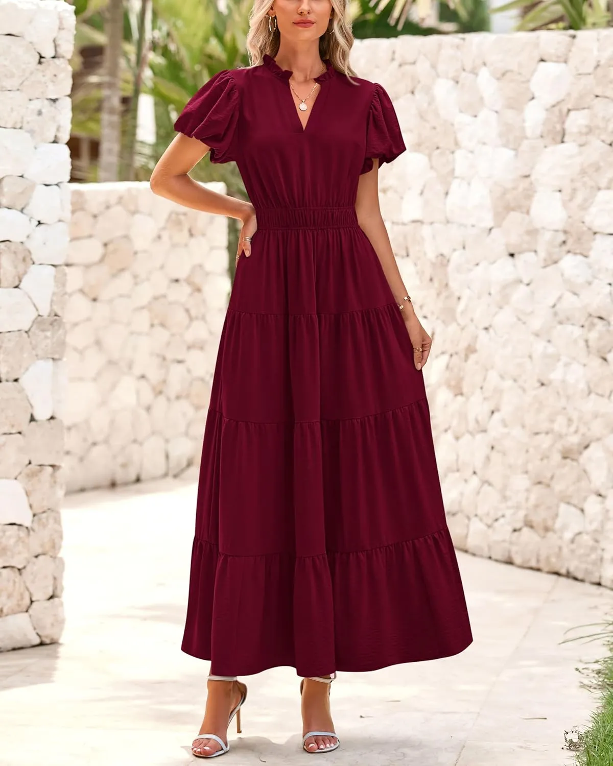 dowerme Womens Summer Dresses 2025 Casual Puff Sleeve V Neck Smocked Waist A-Line Tiered Maxi Prom Dress with Pockets