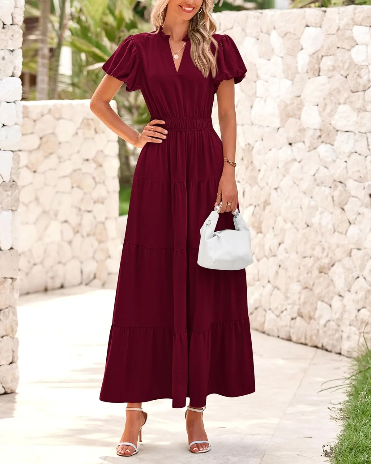 dowerme Womens Summer Dresses 2025 Casual Puff Sleeve V Neck Smocked Waist A-Line Tiered Maxi Prom Dress with Pockets