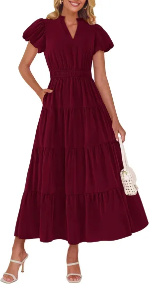 dowerme Womens Summer Dresses 2025 Casual Puff Sleeve V Neck Smocked Waist A-Line Tiered Maxi Prom Dress with Pockets