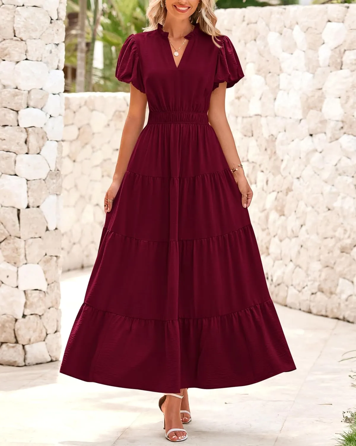 dowerme Womens Summer Dresses 2025 Casual Puff Sleeve V Neck Smocked Waist A-Line Tiered Maxi Prom Dress with Pockets