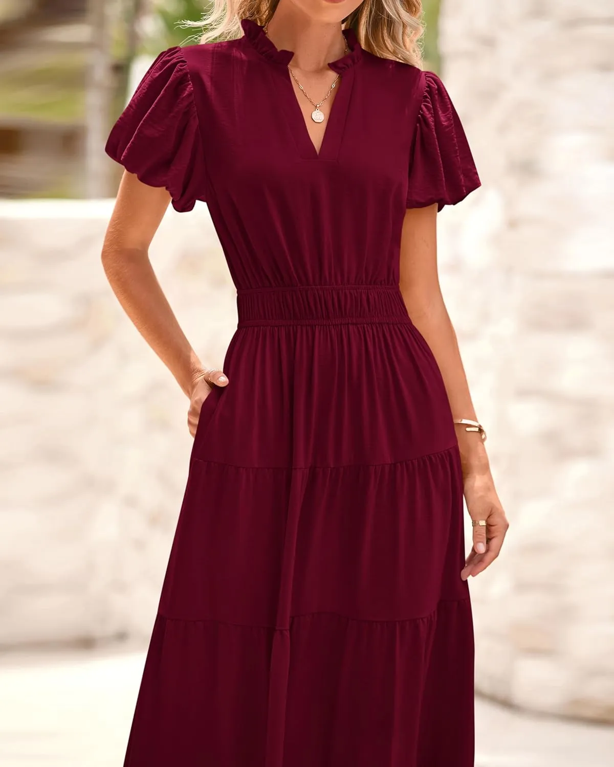 dowerme Womens Summer Dresses 2025 Casual Puff Sleeve V Neck Smocked Waist A-Line Tiered Maxi Prom Dress with Pockets