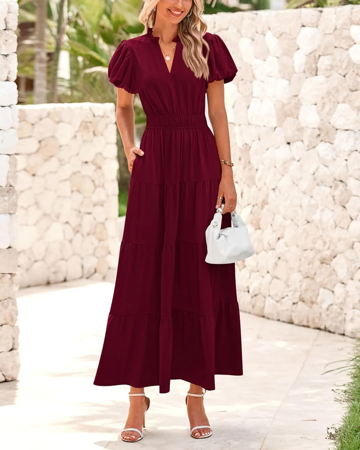 dowerme Womens Summer Dresses 2025 Casual Puff Sleeve V Neck Smocked Waist A-Line Tiered Maxi Prom Dress with Pockets