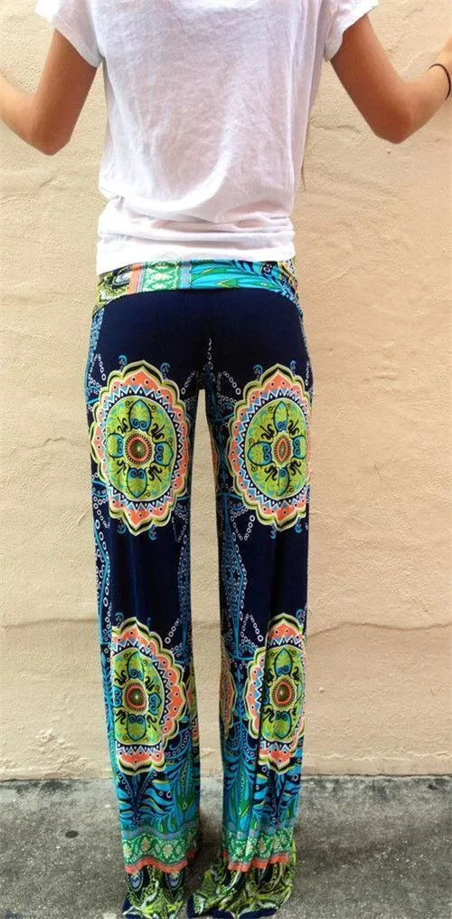 Floral Casual Wide Leg Long Harem Pants High Waist Loose Elastic Waist Palazzo Trousers Plus Size New beach pants ( US 2-16)