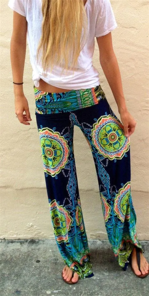 Floral Casual Wide Leg Long Harem Pants High Waist Loose Elastic Waist Palazzo Trousers Plus Size New beach pants ( US 2-16)