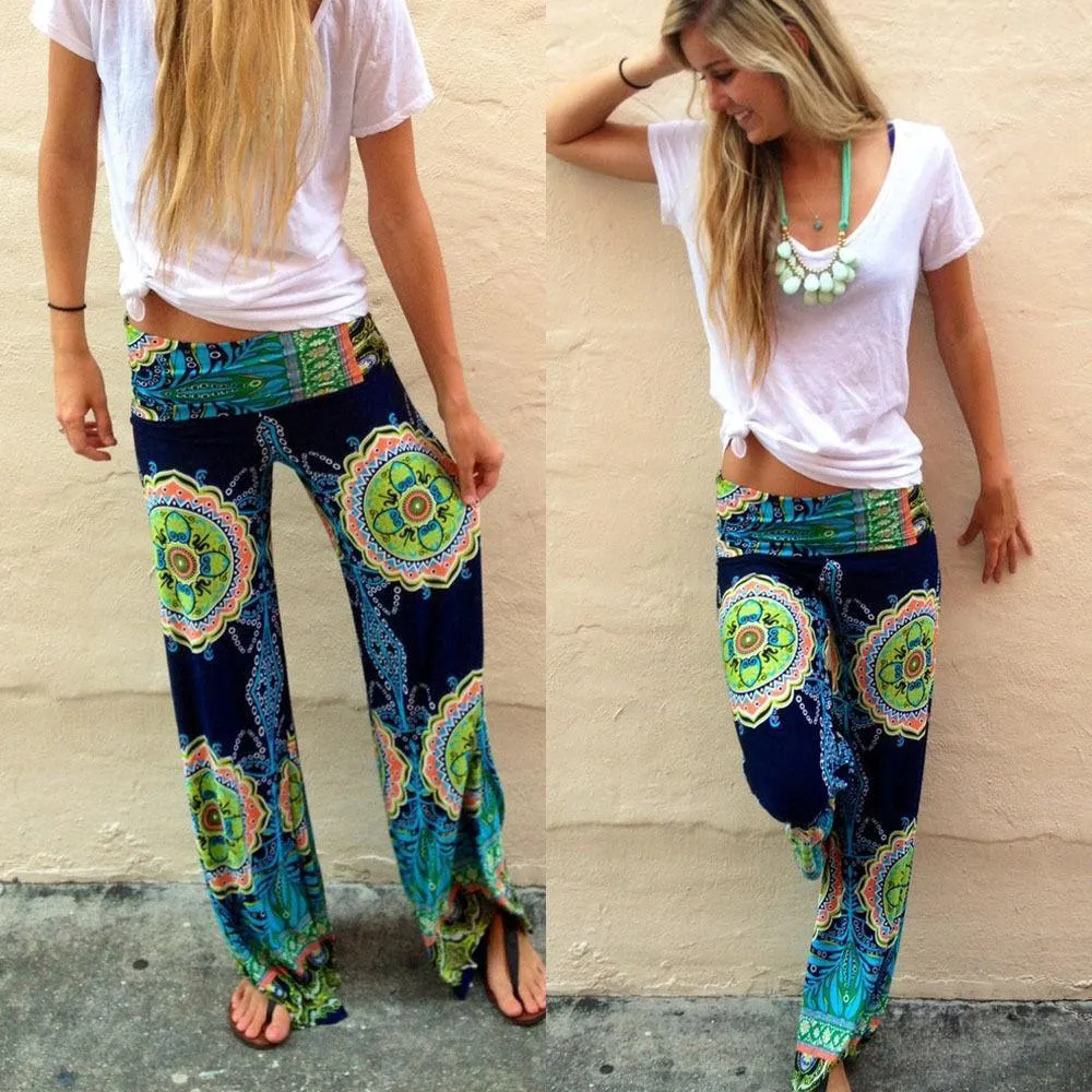 Floral Casual Wide Leg Long Harem Pants High Waist Loose Elastic Waist Palazzo Trousers Plus Size New beach pants ( US 2-16)