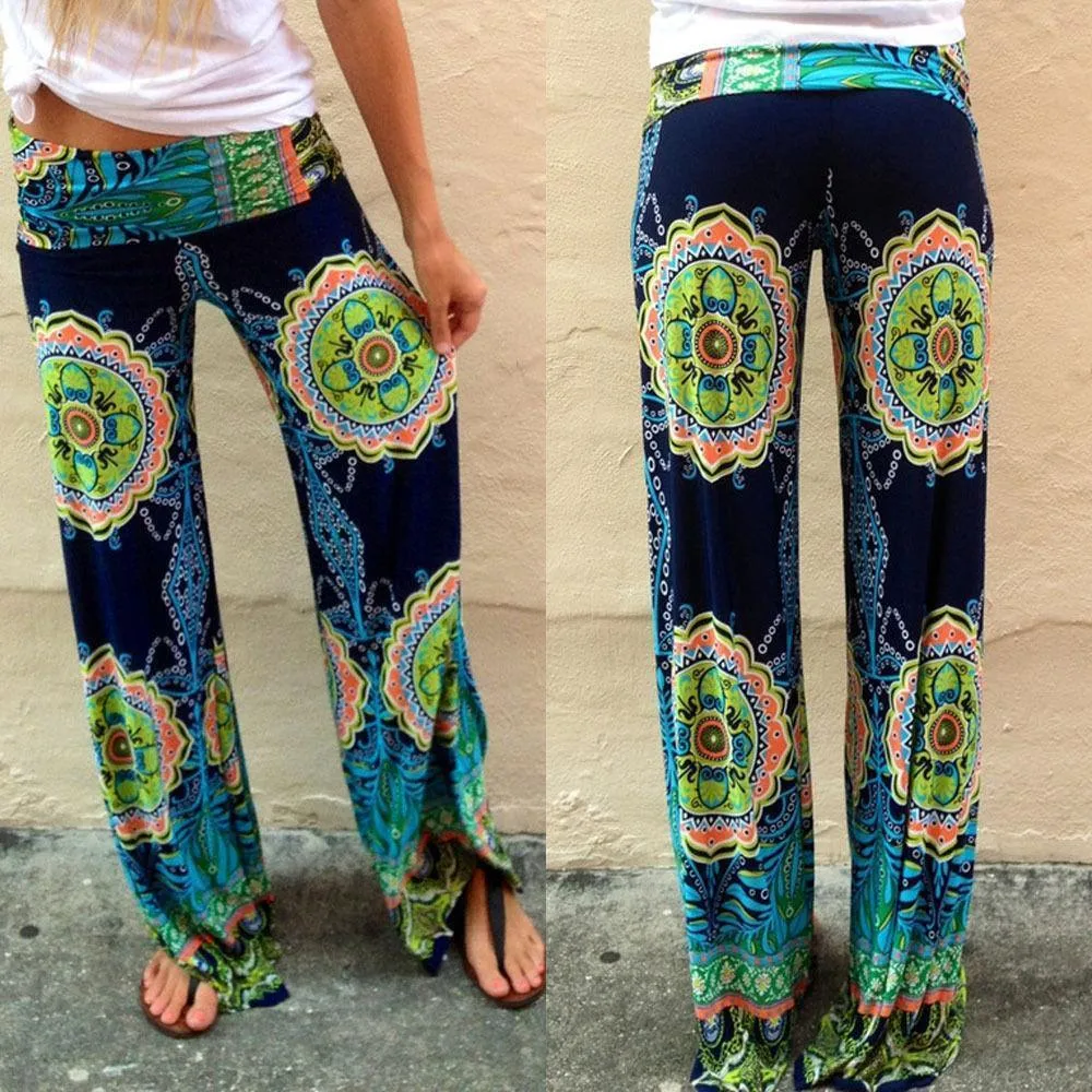 Floral Casual Wide Leg Long Harem Pants High Waist Loose Elastic Waist Palazzo Trousers Plus Size New beach pants ( US 2-16)