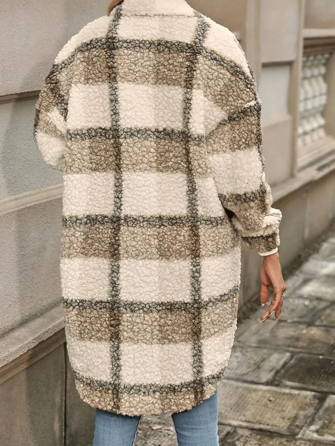 Fuzzy Fleece Plaid Jacket Womens Button Down Lapel Sherpa Shacket Faux Fur Teddy Coats Long Trench Coat with Pockets