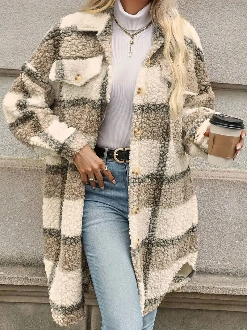 Fuzzy Fleece Plaid Jacket Womens Button Down Lapel Sherpa Shacket Faux Fur Teddy Coats Long Trench Coat with Pockets