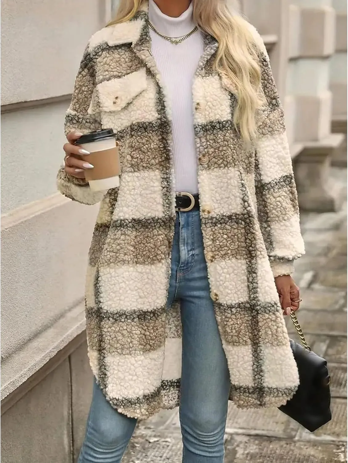 Fuzzy Fleece Plaid Jacket Womens Button Down Lapel Sherpa Shacket Faux Fur Teddy Coats Long Trench Coat with Pockets