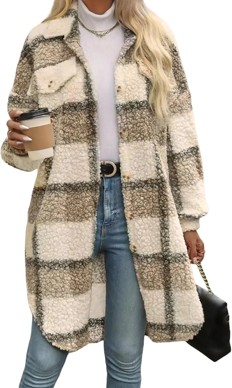 Fuzzy Fleece Plaid Jacket Womens Button Down Lapel Sherpa Shacket Faux Fur Teddy Coats Long Trench Coat with Pockets