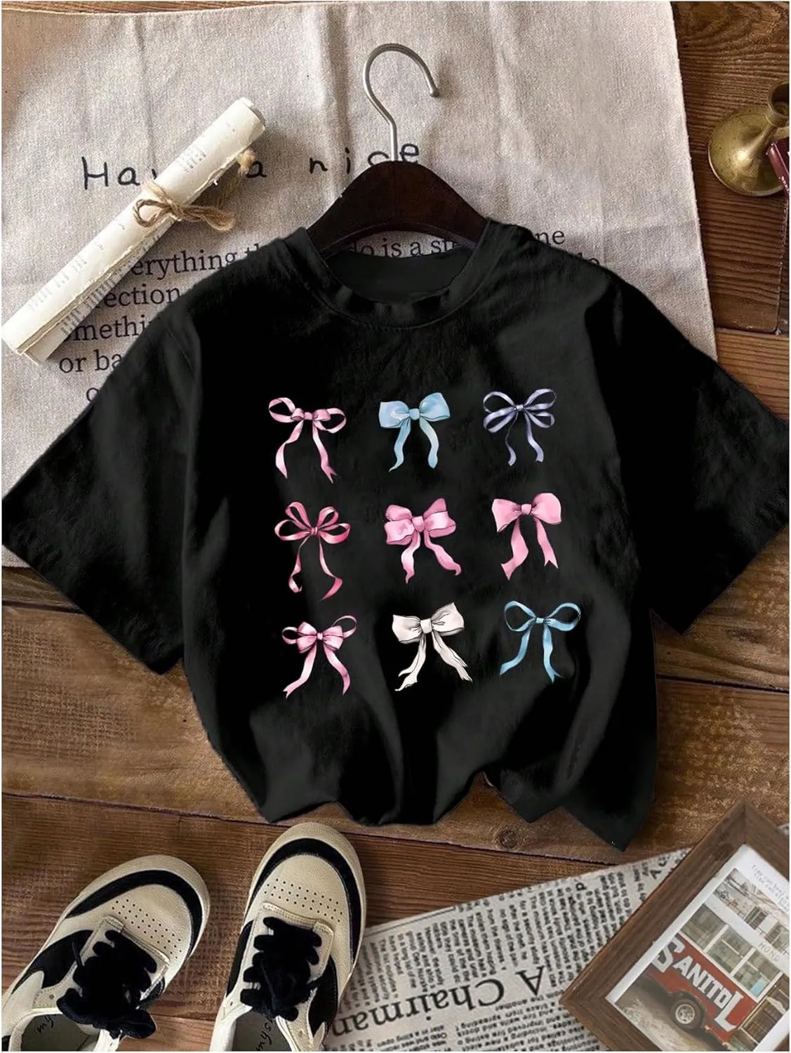 Girl's Bow Cherry Graphic Tees Short Sleeve Crewneck Cute T Shirts Tops for Teens Summer Tops