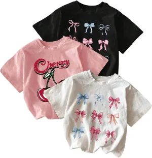 Girl's Bow Cherry Graphic Tees Short Sleeve Crewneck Cute T Shirts Tops for Teens Summer Tops