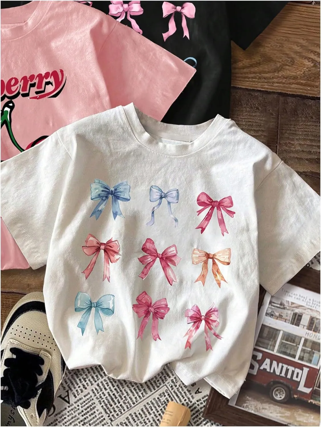 Girl's Bow Cherry Graphic Tees Short Sleeve Crewneck Cute T Shirts Tops for Teens Summer Tops