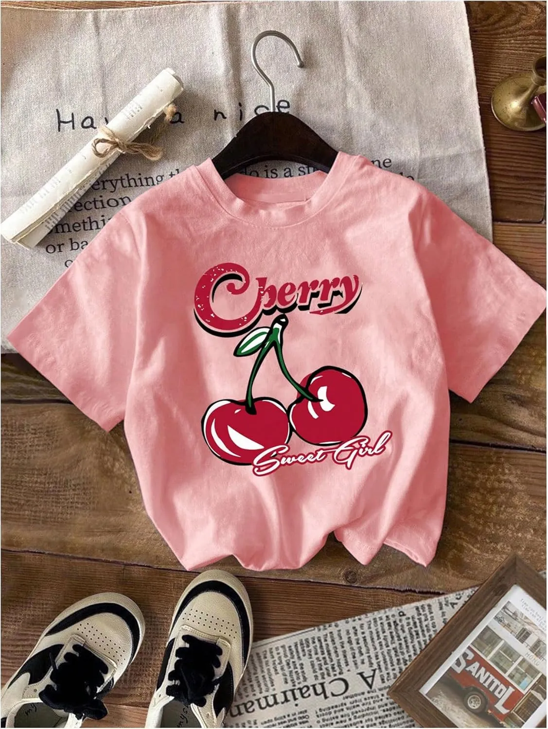 Girl's Bow Cherry Graphic Tees Short Sleeve Crewneck Cute T Shirts Tops for Teens Summer Tops