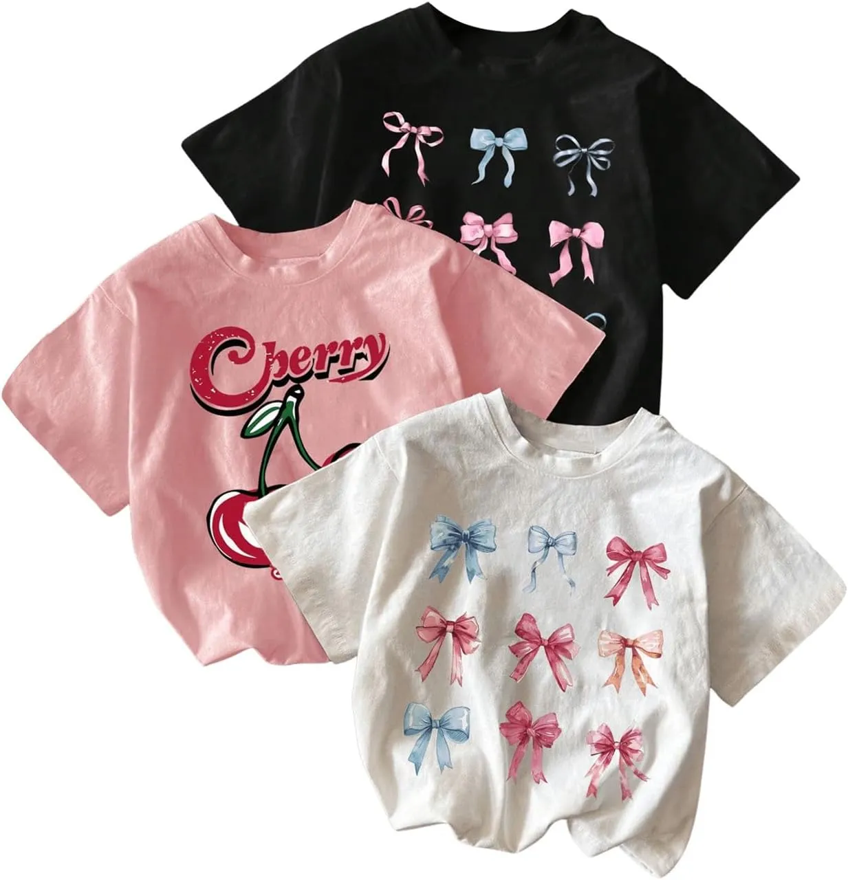 Girl's Bow Cherry Graphic Tees Short Sleeve Crewneck Cute T Shirts Tops for Teens Summer Tops