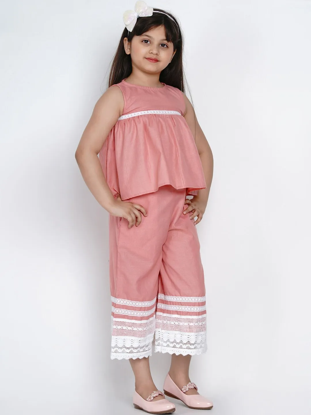 Girl's Peach & White Solid Top & Palazzo Set  - NOZ2TOZ KIDS