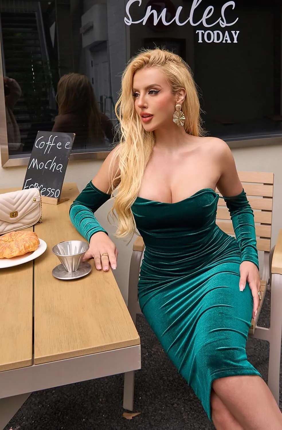 GOBLES Women's Sexy Velvet Off The Shoulder Long Sleeve Ruched Bodycon Mini Cocktail Dress