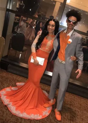 Gorgeous Crew Long Sleeves Prom dress | Mermaid Lace Appliques Evening Gowns BC0902