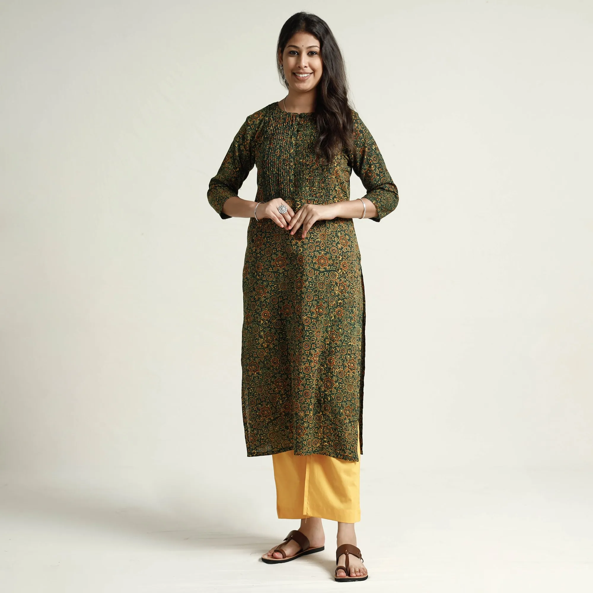 Green - Ajrakh Block Printed Cotton Kurta with Palazzo Set