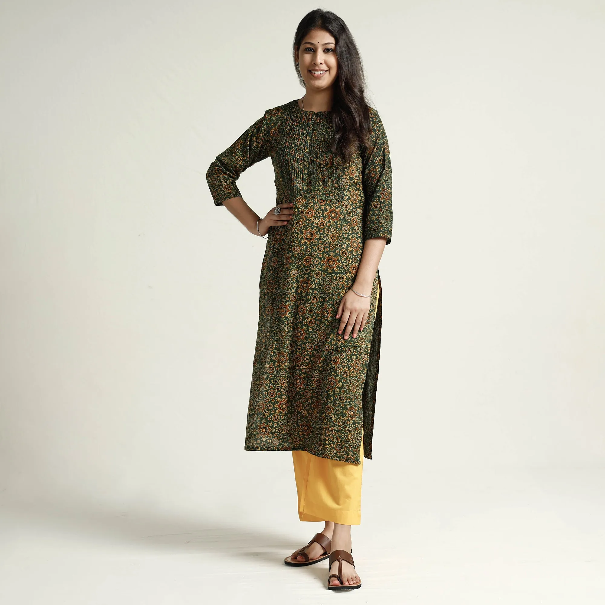 Green - Ajrakh Block Printed Cotton Kurta with Palazzo Set
