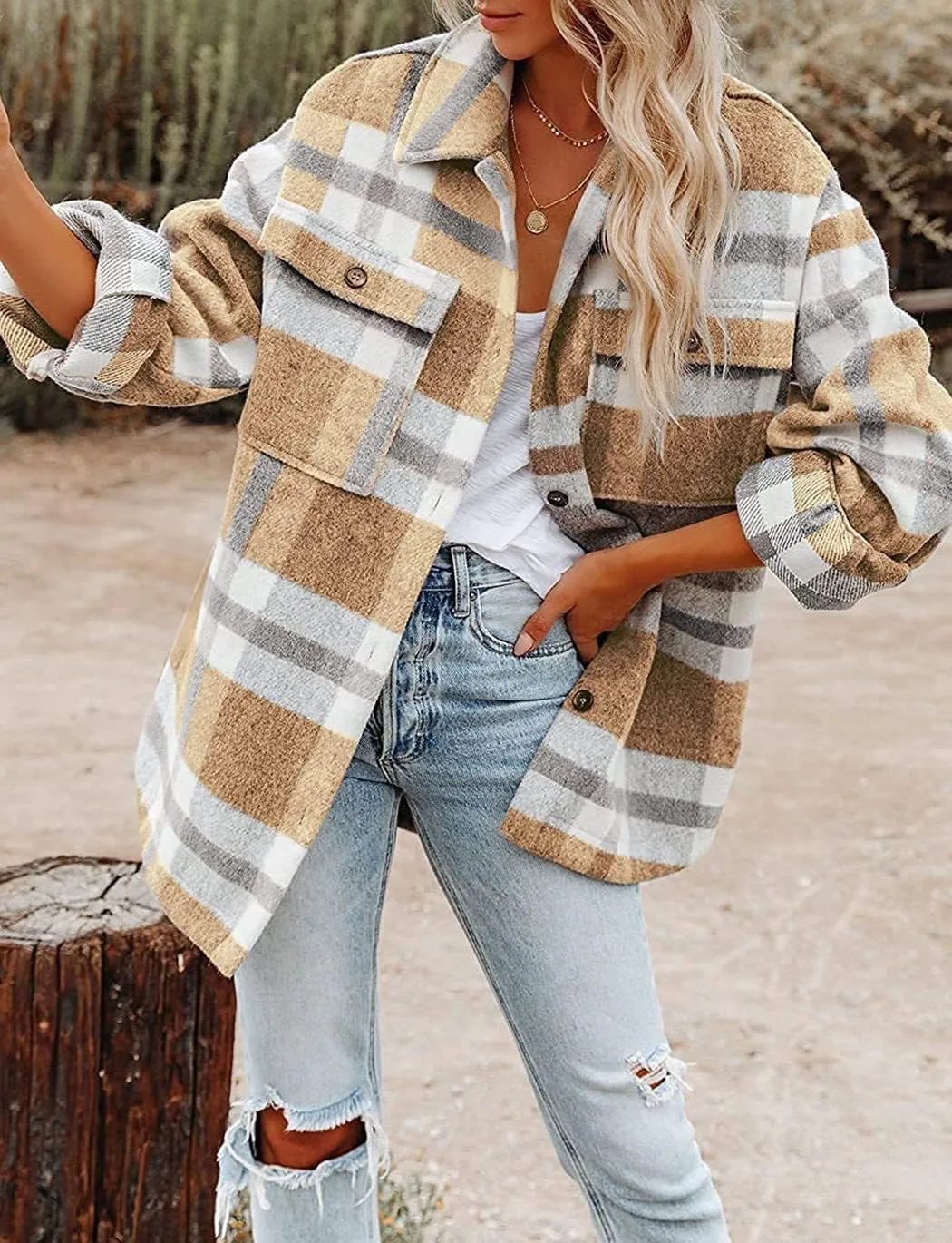 Haellun Womens Wool Blend Plaid Flannel Button Down Shirts Jacket Shacket Coats