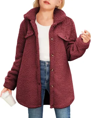 Haloumoning Girls Fuzzy Fleece Jacket Casual Button Down Sherpa Overcoat Faux Fur Jackets Outwear 4-15 Years