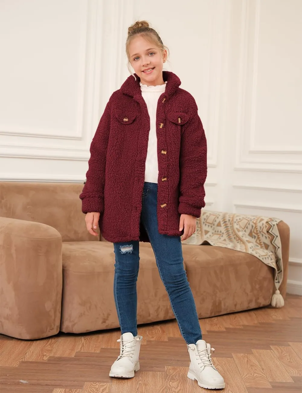 Haloumoning Girls Fuzzy Fleece Jacket Casual Button Down Sherpa Overcoat Faux Fur Jackets Outwear 4-15 Years