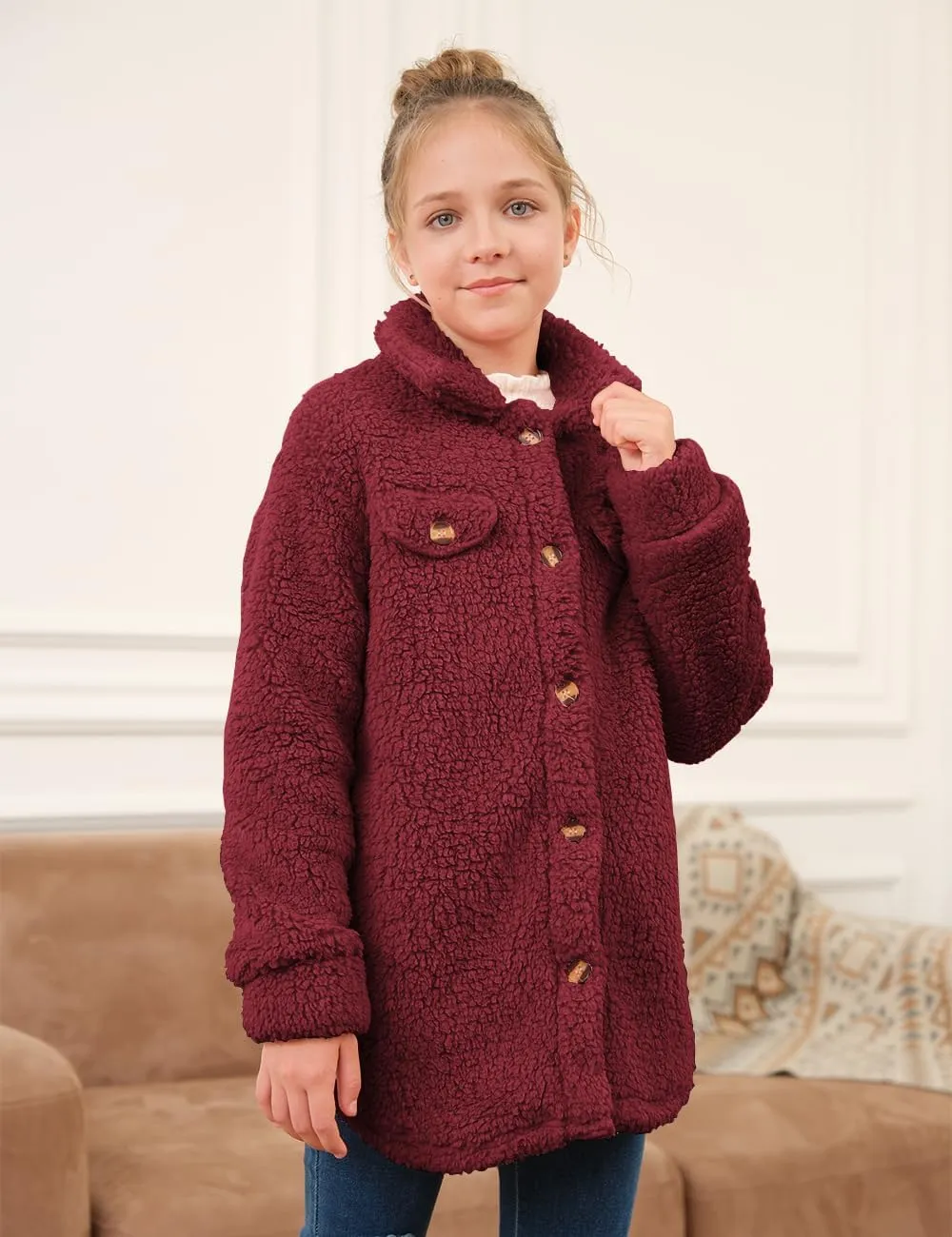 Haloumoning Girls Fuzzy Fleece Jacket Casual Button Down Sherpa Overcoat Faux Fur Jackets Outwear 4-15 Years