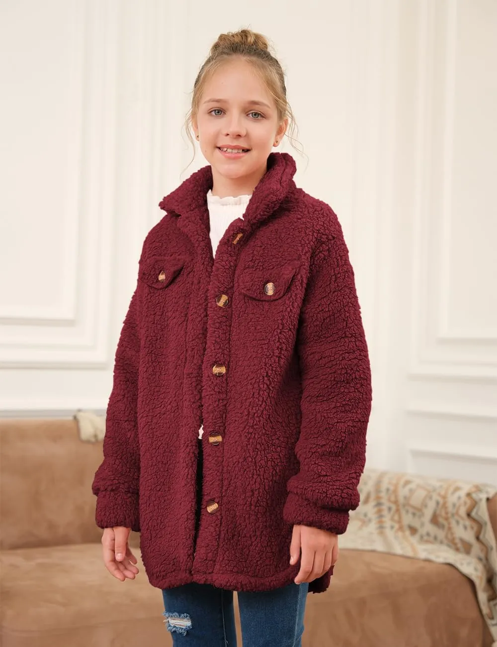 Haloumoning Girls Fuzzy Fleece Jacket Casual Button Down Sherpa Overcoat Faux Fur Jackets Outwear 4-15 Years