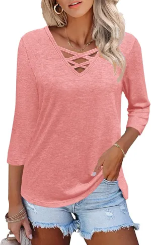 Heymiss Womens Tops 3/4 Sleeve V Neck Shirts Loose Casual Tunic Blouses Criss Cross Summer Tshirts
