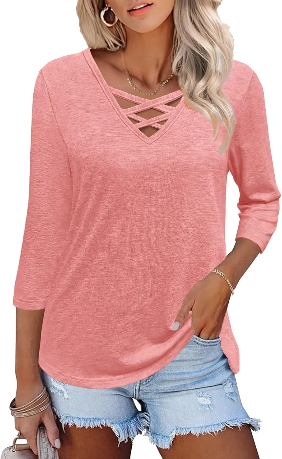 Heymiss Womens Tops 3/4 Sleeve V Neck Shirts Loose Casual Tunic Blouses Criss Cross Summer Tshirts