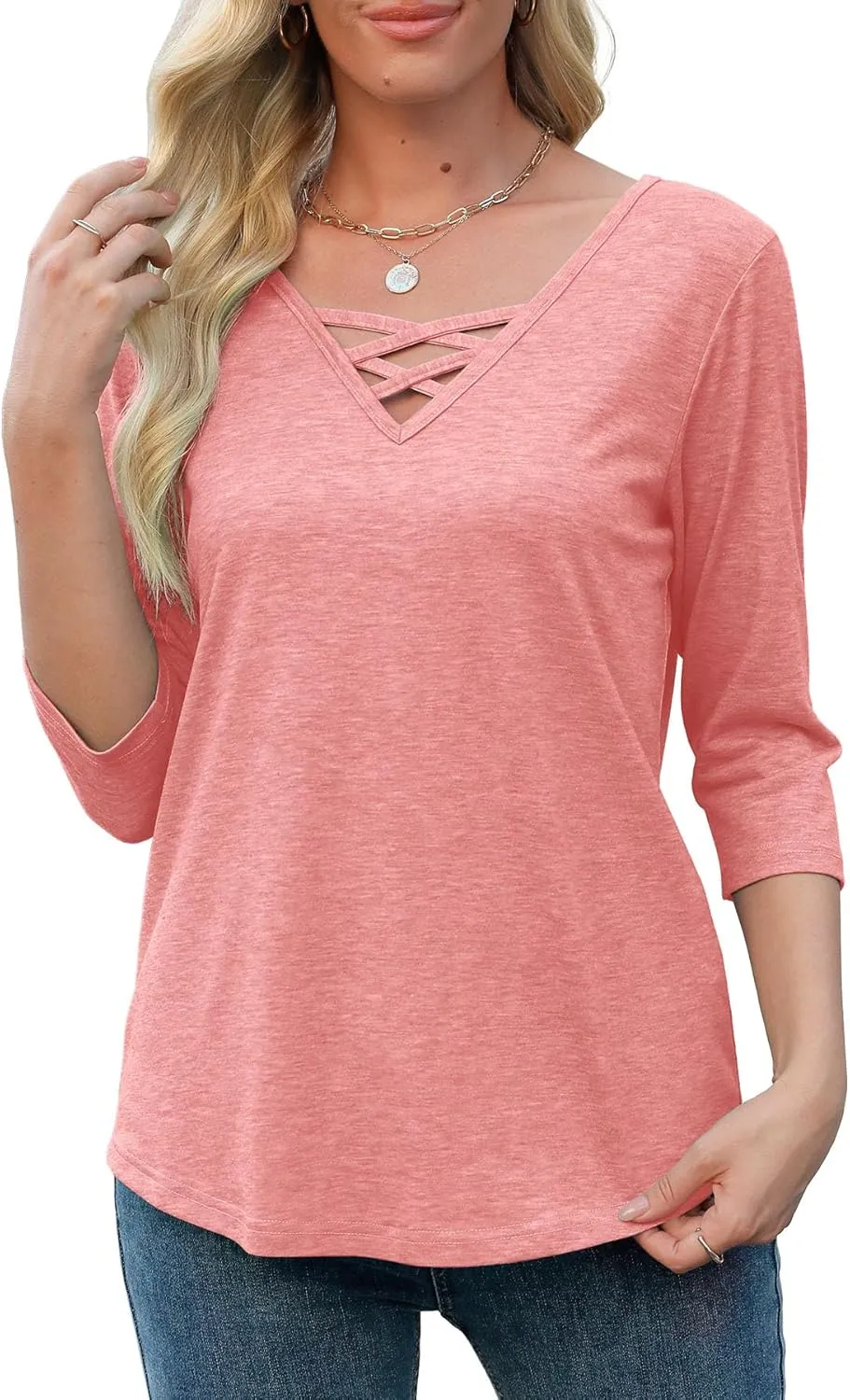 Heymiss Womens Tops 3/4 Sleeve V Neck Shirts Loose Casual Tunic Blouses Criss Cross Summer Tshirts
